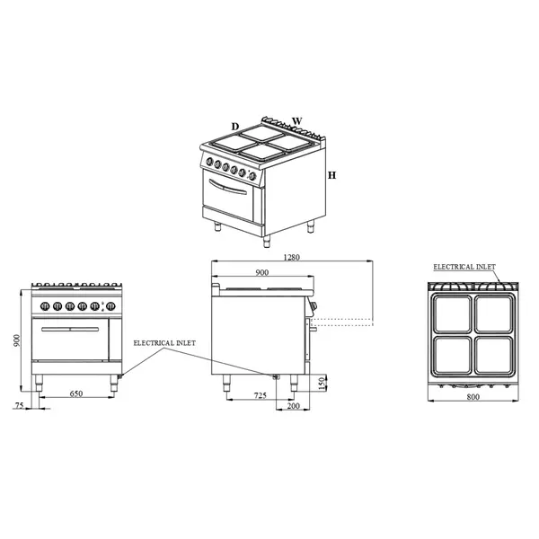 Fornuis + Oven | BASE 900 | Elektrisch | 4 Kookpunten + 2/1 GN Oven | 18kW (400V) | 800x900x900(h)mm
