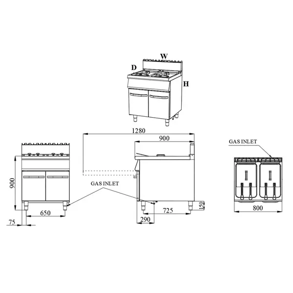 Friteuse | BASE 900 | Gas | 19+19L | 110°C/190°C | 36kW | Piëzo Ontsteking | Aftapkranen | 800x900x900(h)mm