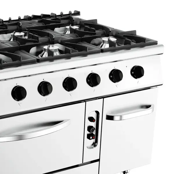 Fornuis + Oven | BASE 900 | Gas | 6 Branders (6x 8.5kW) + 2/1 GN Oven (6kW) | Waakvlam/Piëzo | Neutraal Vak | 1200x900x900(h)mm