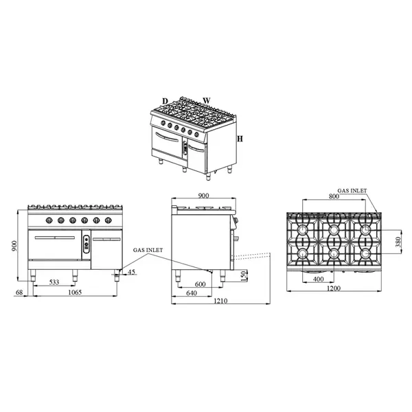 Fornuis + Oven | BASE 900 | Gas | 6 Branders (6x 8.5kW) + 2/1 GN Oven (6kW) | Waakvlam/Piëzo | Neutraal Vak | 1200x900x900(h)mm