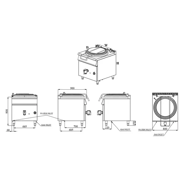 Kookketel | BASE 900 | Gas | 150L | 60ºC/180ºC | Directe Verhitting | 20kW | Piëzo Ontsteking | Vulkraan (Warm/Koud) + Aftapkraan | 800x900x900(h)mm