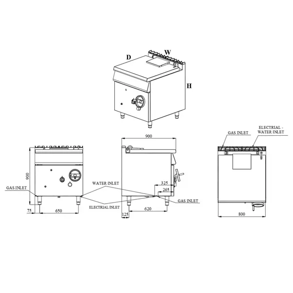 Kantelbare Braadpan | BASE 900 | Gas | 80L | 50°C/300°C | 20kW | Vulkraan (230V) | 800x900x900(h)mm