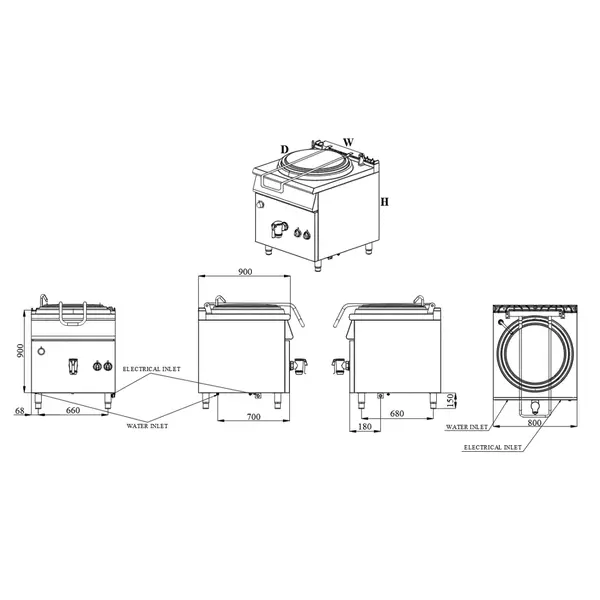 Kookketel | BASE 900 | Elektrisch | 150L | 60°C/180°C | Indirecte Verhitting | 12kW (400V) | Vulkraan (Warm/Koud) + Aftapkraan | 800x900x900(h)mm