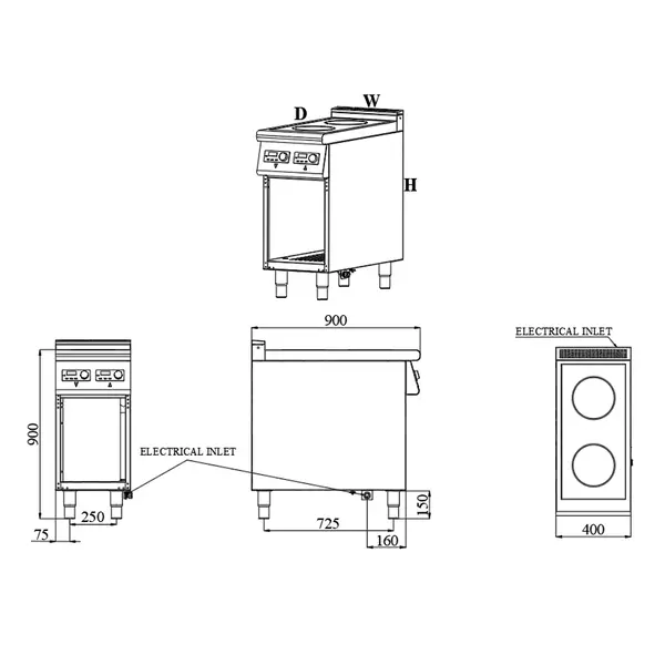 Inductiefornuis | BASE 900 | 2 Kookpunten | 10kW (400V) | Open Onderkast | 400x900x900(h)mm