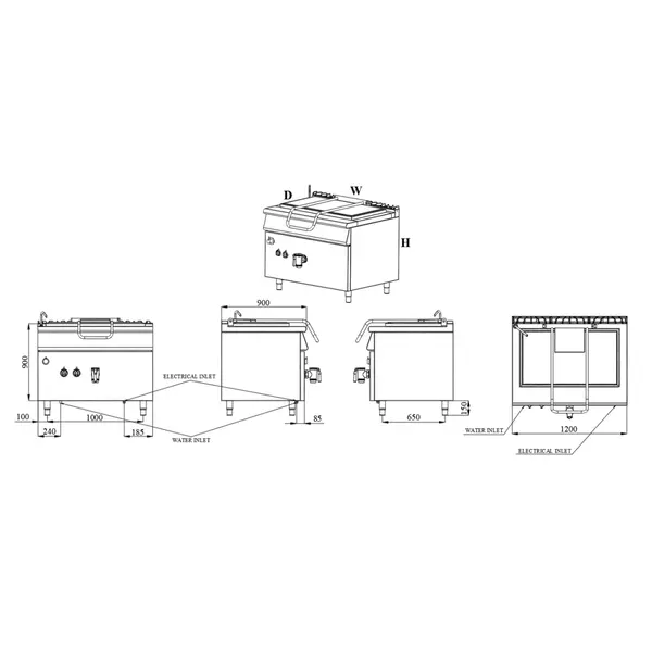 Kookketel | BASE 900 | Elektrisch | 250L | 60°C/180°C | Indirecte Verhitting | 24kW (400V) | Vulkraan (Warm/Koud) + Aftapkraan | 1200x900x900(h)mm