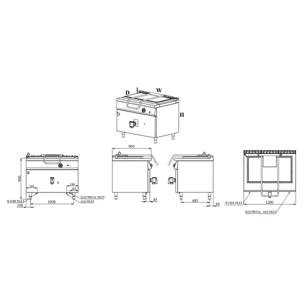 Kookketel | BASE 900 | Gas | 250L | 60ºC/180ºC | Indirecte Verhitting | 30kW | Piëzo Ontsteking | Vulkraan (Warm/Koud) + Aftapkraan | 1200x900x900(h)mm