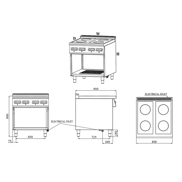 Inductiefornuis | BASE 900 | 4 Kookpunten | 20kW (400V) | Open Onderkast | 800x900x900(h)mm