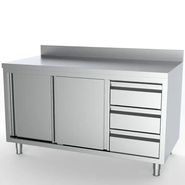 Werkbank | ESSENTIAL | RVS | Schuifdeuren + Laden (Rechts) | Diepte 700 | Hoogte 850 | Breedte 1400-2000 | Achteropstand