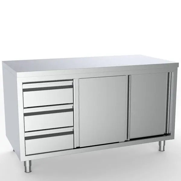 Werkbank | ESSENTIAL | RVS | Schuifdeuren + Laden (Links) | Diepte 700 | Hoogte 850 | Breedte 1400-2000