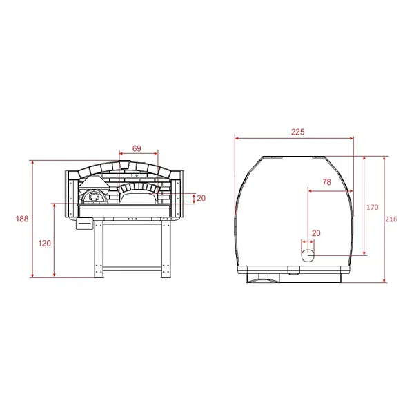Pizzaoven | SERIE DV | Hout | 13x Ø30cm | Incl. Onderstel | 2250x2160x1880(h)mm