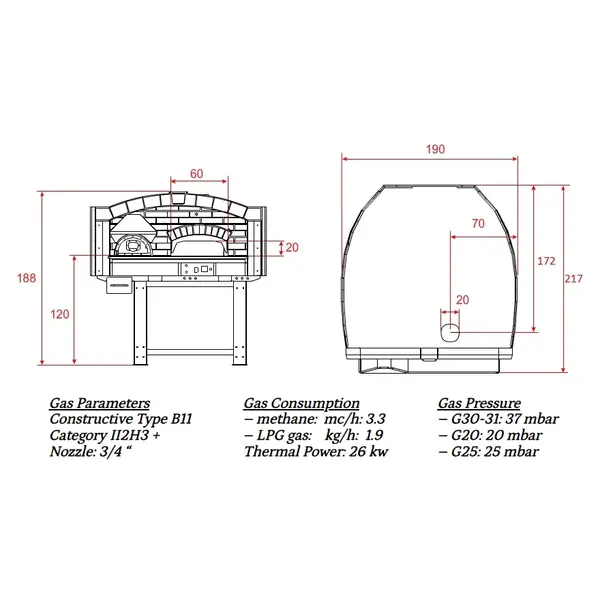 Pizzaoven | SERIE MIX-V | Gas/Hout | 9x Ø30cm | 26kW | 230V | Incl. Onderstel | 1900x2170x1880(h)mm