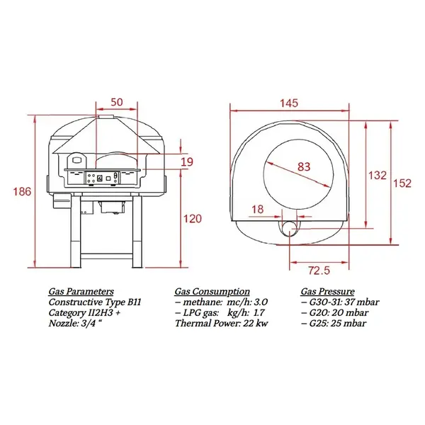 Roterende Pizzaoven | SERIE MIX-RK (MOSAIC) | Gas/Hout | 4x Ø30cm | 22kW | 230V | Div. Kleuren/Designs | Incl. Onderstel | 1450x1520x1860(h)mm