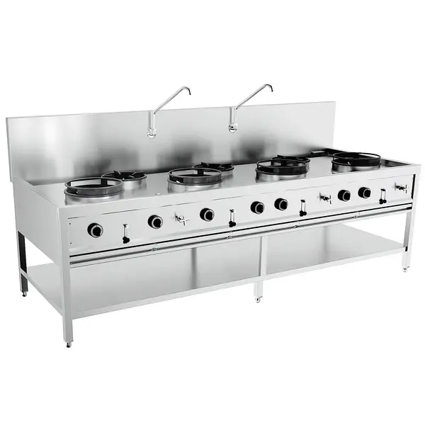 Wokfornuis | Gas | 7 Branders (3x 9kW + 4x 17kW) | Waakvlam | Waterkranen | Open Onderstel | 2500x900x750(h)mm