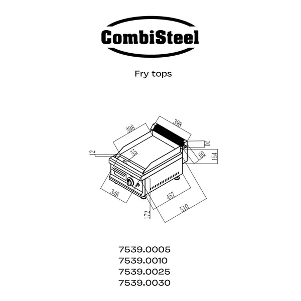 Bak-/Grillplaat | Aardgas | Glad Oppervlak 350x400 (RVS) | 3kW | Piëzo Ontsteking | 400x575x365(h)mm