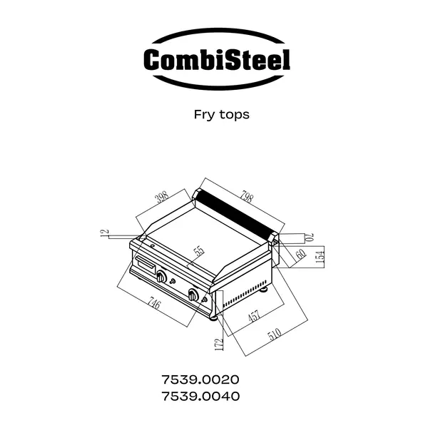 Bak-/Grillplaat | Aard-/Propaangas | Glad Oppervlak 750x400 (Verchroomd) | 6kW | Piëzo Ontsteking | 800x575x365(h)mm