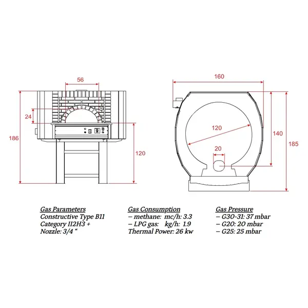 Pizzaoven | SERIE GC | Gas | 7x Ø30cm | 26kW | 230V | Incl. Onderstel | 1600x1850x1860(h)mm