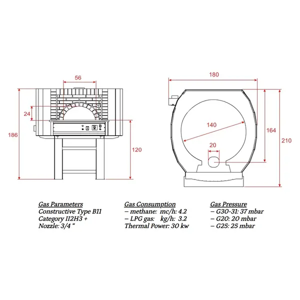 Pizzaoven | SERIE GC | Gas | 10x Ø30cm | 30kW | 230V | Incl. Onderstel | 1800x2100x1860(h)mm