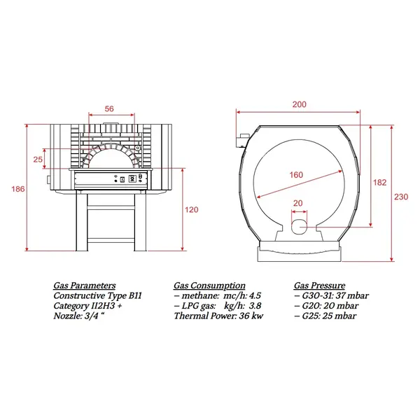 Pizzaoven | SERIE GC | Gas | 13x Ø30cm | 36kW | 230V | Incl. Onderstel | 2000x2300x1860(h)mm