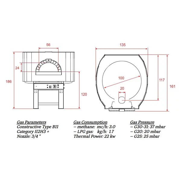 Pizzaoven | SERIE GS | Gas | 4x Ø30cm | 22kW | 230V | Incl. Onderstel | 1350x1610x1860(h)mm