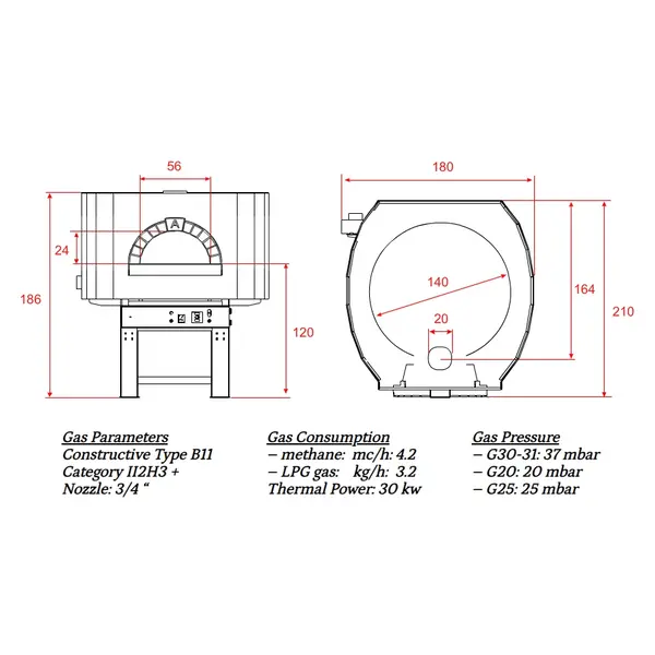 Pizzaoven | SERIE GS | Gas | 10x Ø30cm | 30kW | 230V | Incl. Onderstel | 1800x2100x1860(h)mm