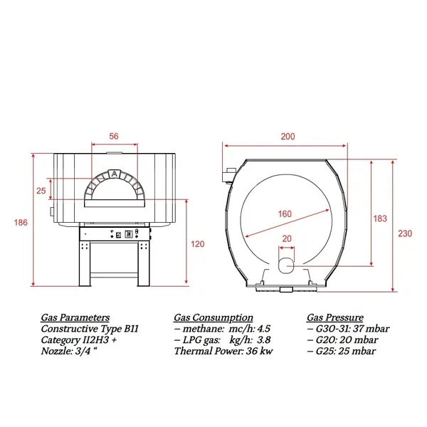 Pizzaoven | SERIE GS | Gas | 13x Ø30cm | 36kW | 230V | Incl. Onderstel | 2000x2300x1860(h)mm