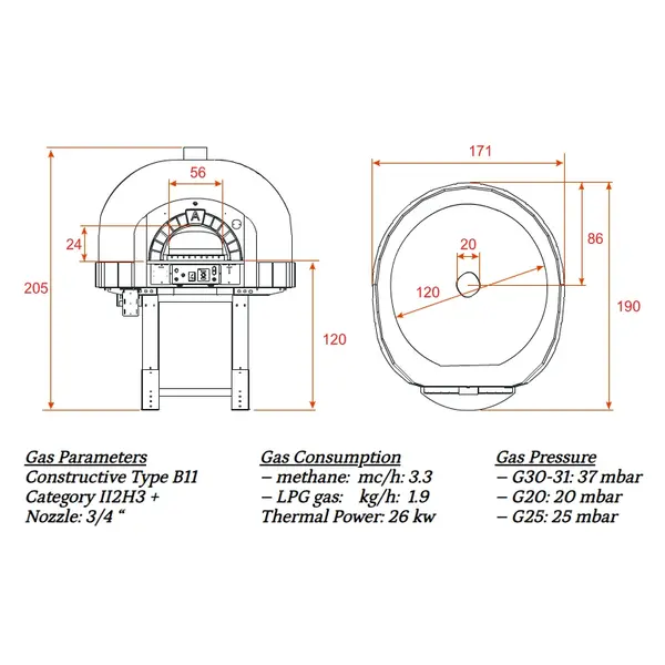 Pizzaoven | SERIE GK (MOSAIC) | Gas | 7x Ø30cm | 26kW | 230V | Div. Kleuren/Designs | Incl. Onderstel | 1710x1900x2050(h)mm