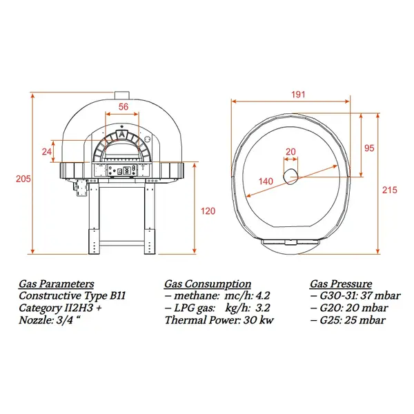 Pizzaoven | SERIE GK (MOSAIC) | Gas | 10x Ø30cm | 30kW | 230V | Div. Kleuren/Designs | Incl. Onderstel | 1910x2150x2050(h)mm