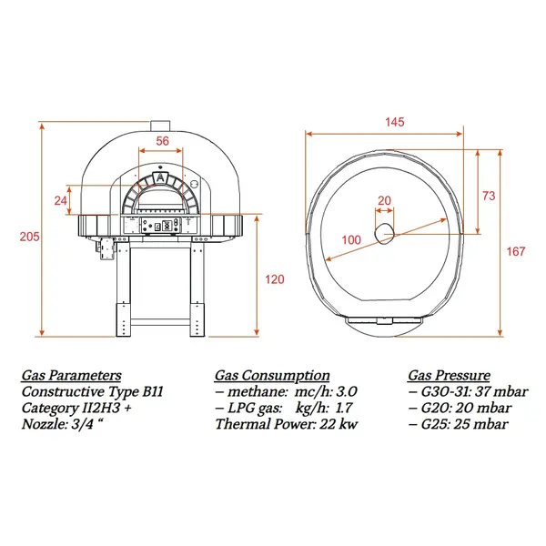 Pizzaoven | SERIE GK (SILICONE) | Gas | 4x Ø30cm | 22kW | 230V | Div. Kleuren | Incl. Onderstel | 1450x1670x2050(h)mm