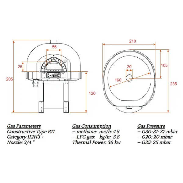 Pizzaoven | SERIE GK (SILICONE) | Gas | 13x Ø30cm | 36kW | 230V | Div. Kleuren | Incl. Onderstel | 2100x2350x2050(h)mm