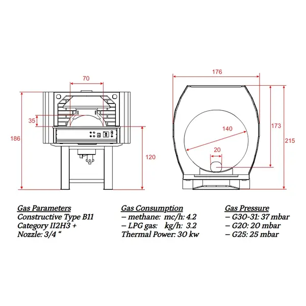 Roterende Pizzaoven | SERIE GRC | Gas | 13x Ø30cm | 30kW | 230V | Incl. Onderstel | 1760x1730x1860(h)mm
