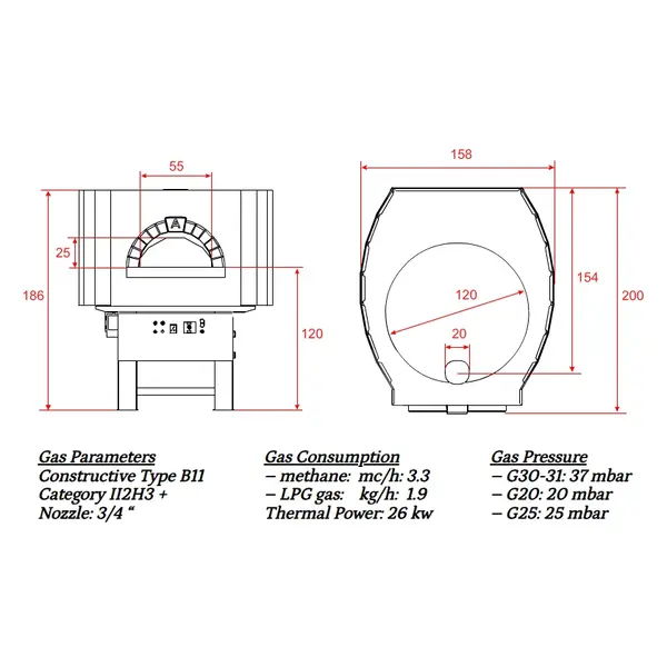 Roterende Pizzaoven | SERIE GRS | Gas | 9x Ø30cm | 26kW | 230V | Incl. Onderstel | 1580x2000x1860(h)mm