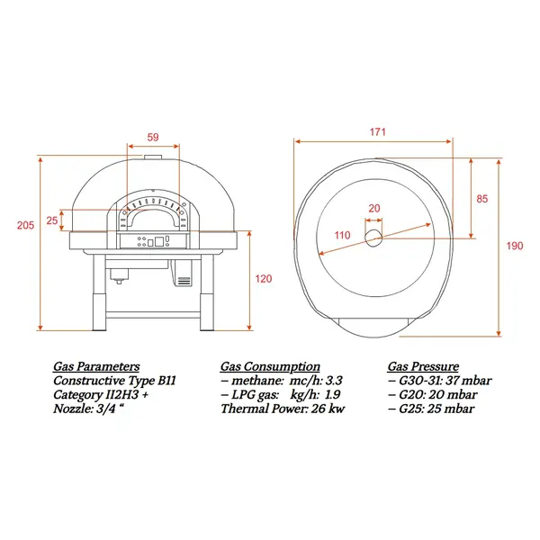 Roterende Pizzaoven | SERIE GRK (MOSAIC) | Gas | 8x Ø30cm | 26kW | 230V | Incl. Onderstel | 1710x1900x2050(h)mm