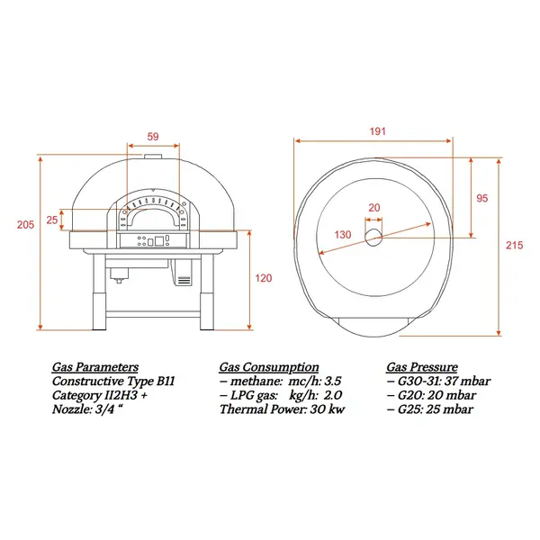 Roterende Pizzaoven | SERIE GRK (MOSAIC) | Gas | 11x Ø30cm | 30kW | 230V | Incl. Onderstel | 1910x2150x2050(h)mm