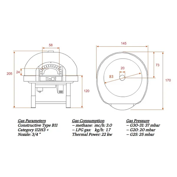 Roterende Pizzaoven | SERIE GRK (SILICONE) | Gas | 4x Ø30cm | 22kW | 230V | Incl. Onderstel | 1450x1700x2050(h)mm
