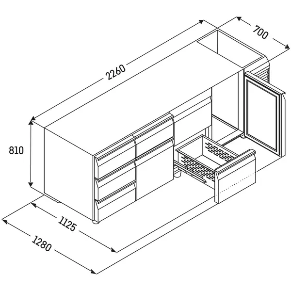 Vrieswerkbank | PERFORMANCE | 599L | 4 Deuren (1/1 GN) | -10°C/-20°C | Geforceerd | Temperatuuralarm | Zonder Werkblad | 2260x680x810(h)mm