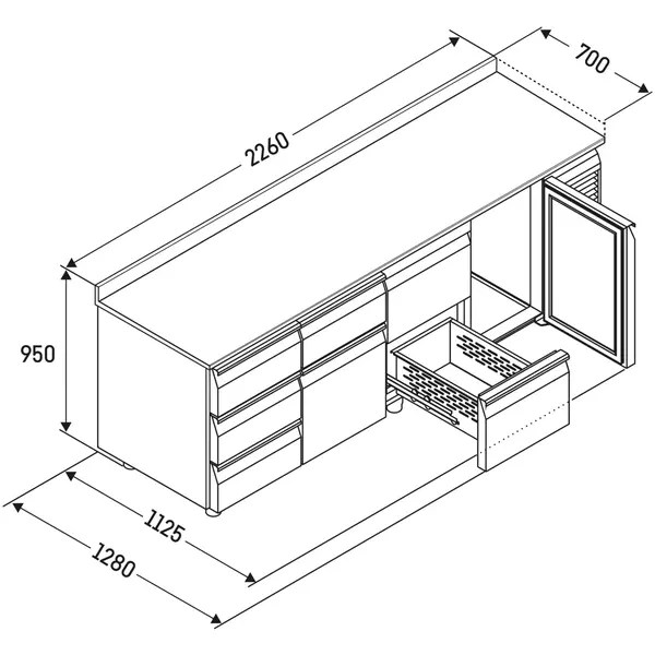 Vrieswerkbank | PERFORMANCE | 599L | 4 Deuren (1/1 GN) | -10°C/-20°C | Geforceerd | Temperatuuralarm | Achteropstand | 2260x700x950(h)mm