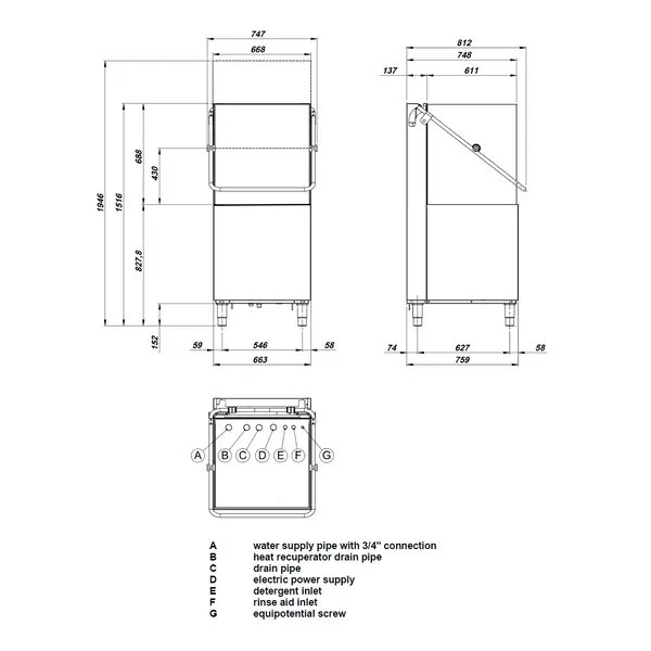Doorschuifvaatwasser | EASY | Mand 500x500 | Afvoerpomp | Zeeppomp | Naglanspomp | 400V | 660x760x1516/1946(h)mm