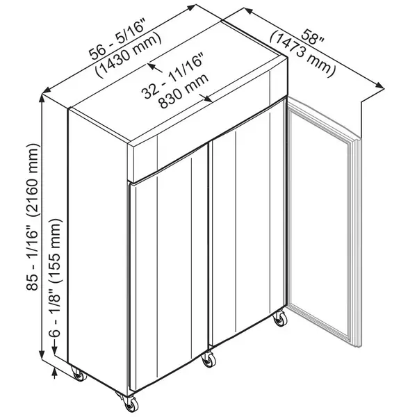 Vrieskast | PERFORMANCE | 1360L (2/1 GN) | RVS | -10°C/-26°C | Geforceerd | App | Temperatuur-/Deuralarm | Wielen (Geremd) | 1427x867x2115(h)mm