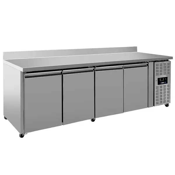 Koelwerkbank | 550L | 4 Deuren (1/1 GN) | +2°C/+8°C | Geforceerd | Achteropstand | Wielen (Geremd) | 2230x700x850/950(h)mm