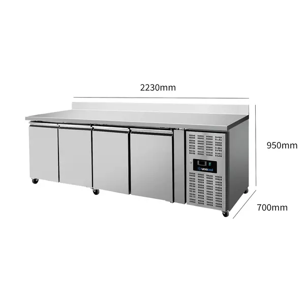 Koelwerkbank | 550L | 4 Deuren (1/1 GN) | +2°C/+8°C | Geforceerd | Achteropstand | Wielen (Geremd) | 2230x700x850/950(h)mm