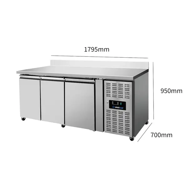 Koelwerkbank | 417L | 3 Deuren (1/1 GN) | +2°C/+8°C | Geforceerd | Achteropstand | Wielen (Geremd) | 1795x700x850/950(h)mm