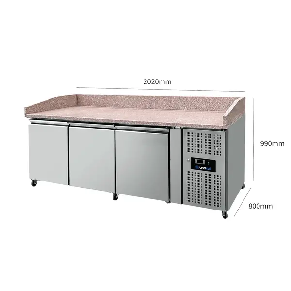 Pizzawerkbank | 580L | 3 Deuren (EN600x400) | +2°C/+8°C | Geforceerd | Wielen (Geremd) | 2020x800x850/990(h)mm