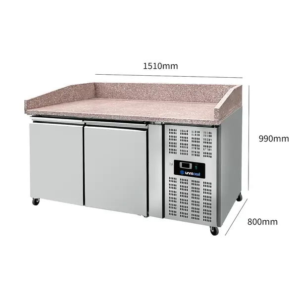 Pizzawerkbank | 390L | 2 Deuren (EN600x400) | +2°C/+8°C | Geforceerd | Wielen (Geremd) | 1510x800x850/990(h)mm