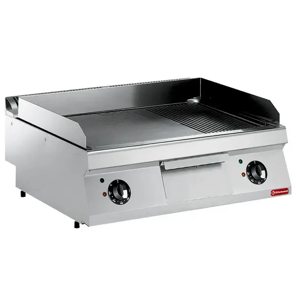 Bakplaat/Grillplaat Elektrisch | Hard Verchroomd | 1/3 Geribd / 2/3 Vlak 730x540mm | 9kW | 800x700x250/320(h)mm