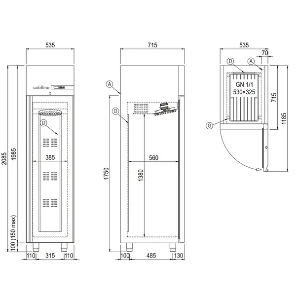 Koelkast | MASTER | 334L (1/1 GN) | RVS | 0°C/+10°C | Geforceerd | WiFi + App | 535x715x2085(h)mm