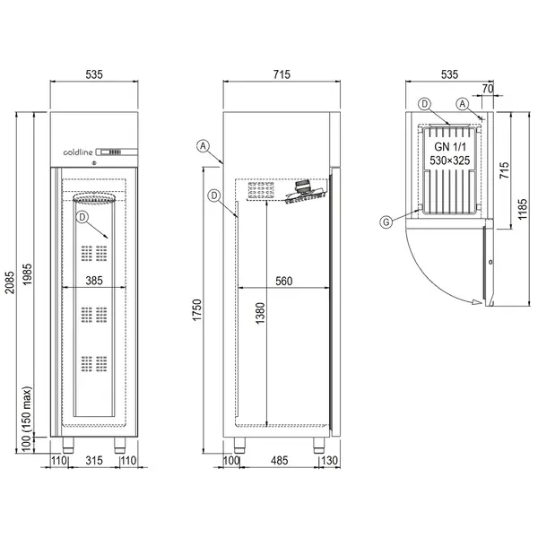 Koelkast | MASTER | 334L (1/1 GN) | RVS | -2°C/+8°C | Geforceerd | WiFi + App | 535x715x2085(h)mm