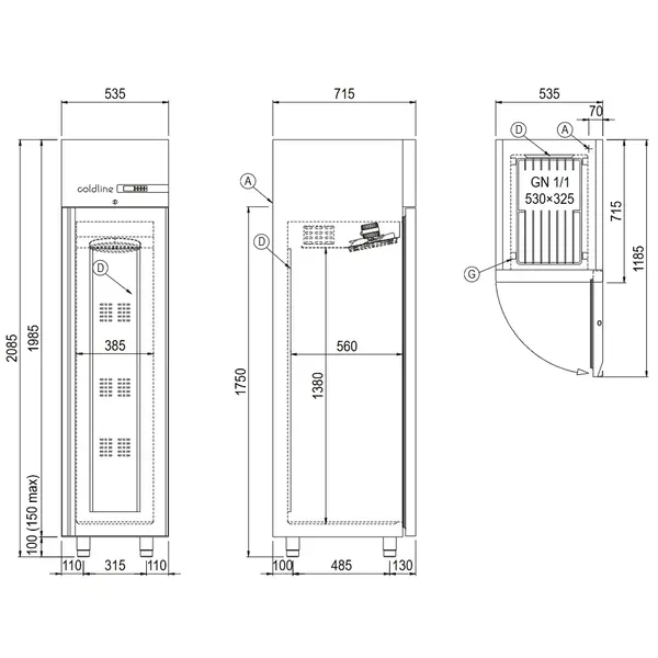Koelkast | MASTER | 334L (1/1 GN) | RVS | -2°C/+8°C | Geforceerd | WiFi + App | 535x715x2085(h)mm