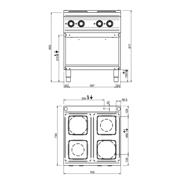 Fornuis | Elektrisch | 4 Kookpunten (Ø145/220) | 8.2kW (400V) | Open Onderkast | 700x700x850(h)mm