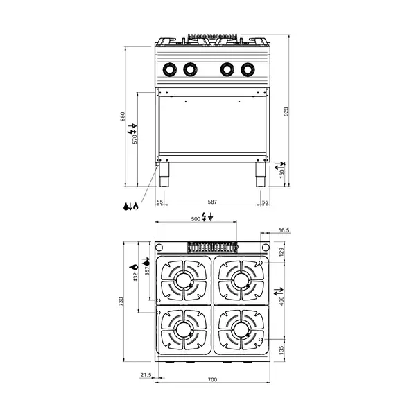 Fornuis | Gas | 4 Branders (4x 5.5kW) | Waakvlam | Open Onderkast | 700x700x850(h)mm