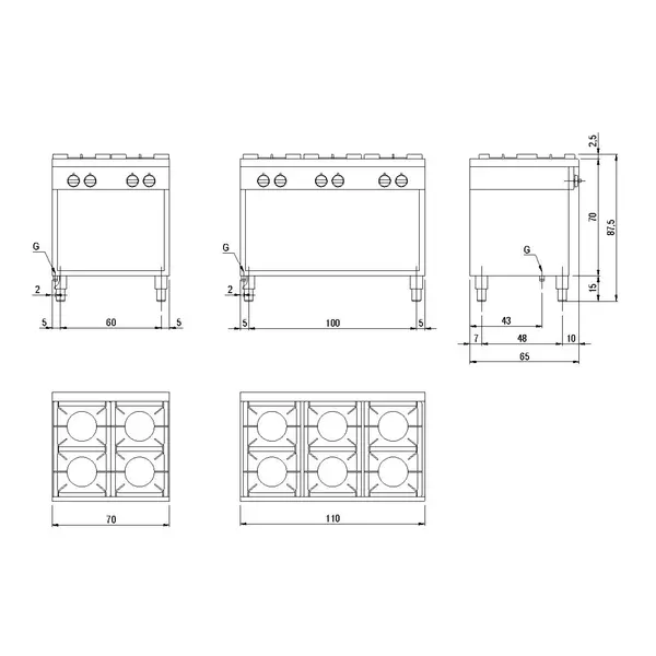 Fornuis | Gas | 6 Branders (3x 3.6kW + 3x 5kW) | Open Onderkast | 1100x650x850(h)mm